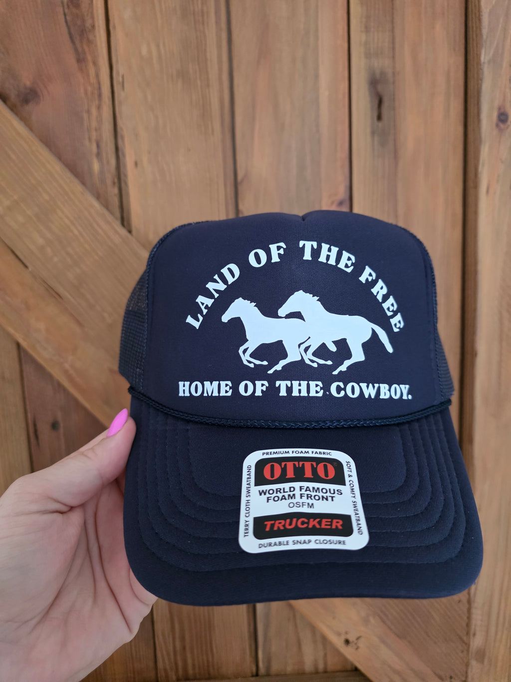 Dusty Cactus navy trucker cap with horse print and land of the free home of the cowboy