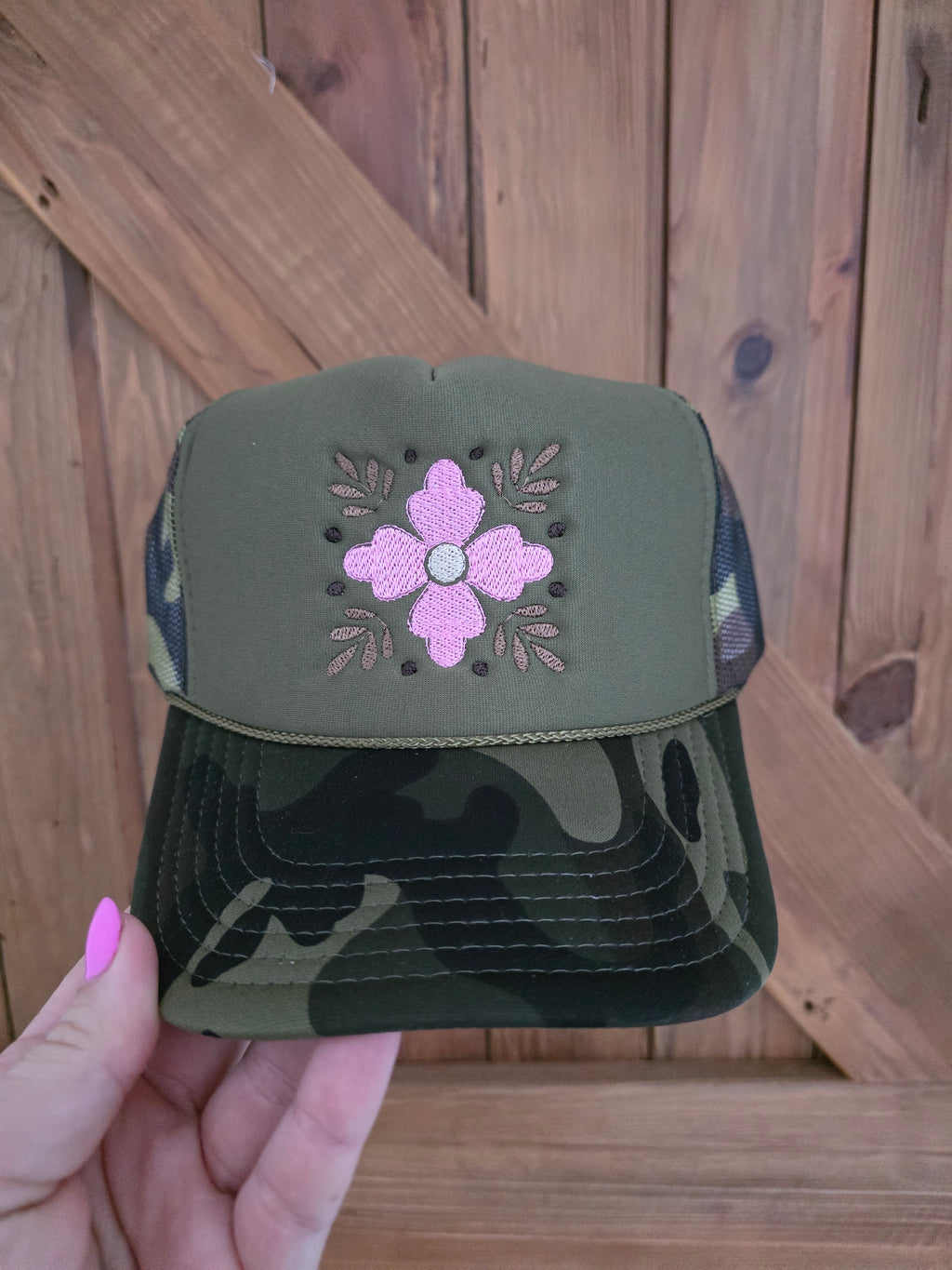 Camo five panel mesh back trucker cap the pink embroidered desert rose front design