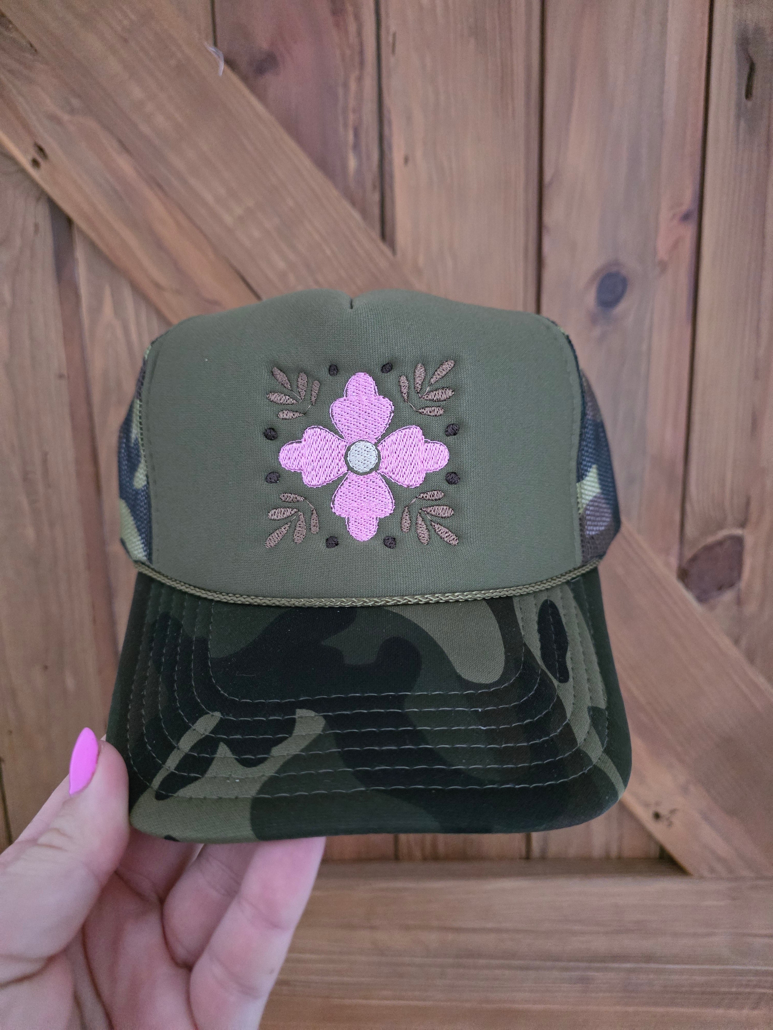 Camo five panel mesh back trucker cap the pink embroidered desert rose front design