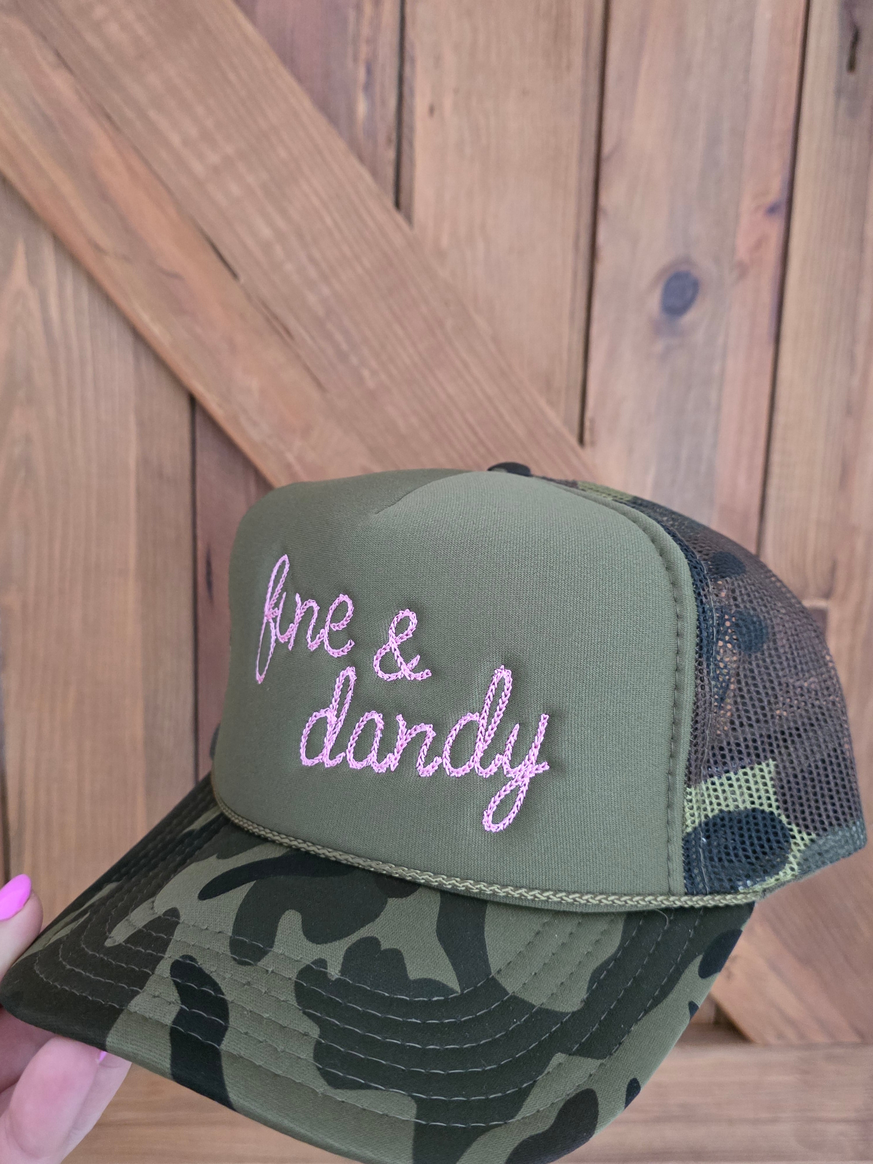 Dusty Cactus camo trucker cap with pink Fine and Dany rope stitch embroidery